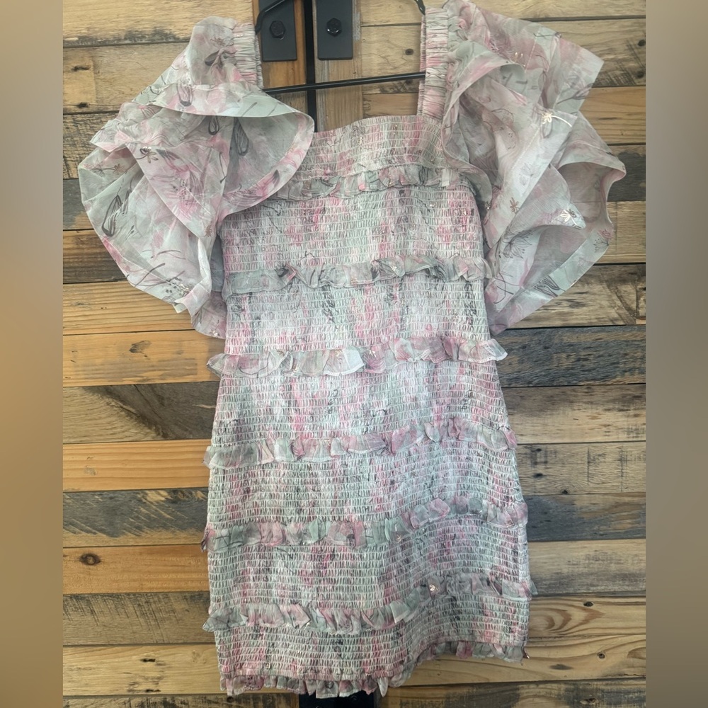 Elliatt Monica Bodycon Ruffled Tiered‎ Mini Dress Pink/Sage Green Size Small
